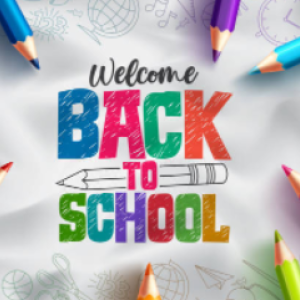 Colorful words Welcome Back to School surrounded by colored pencils
